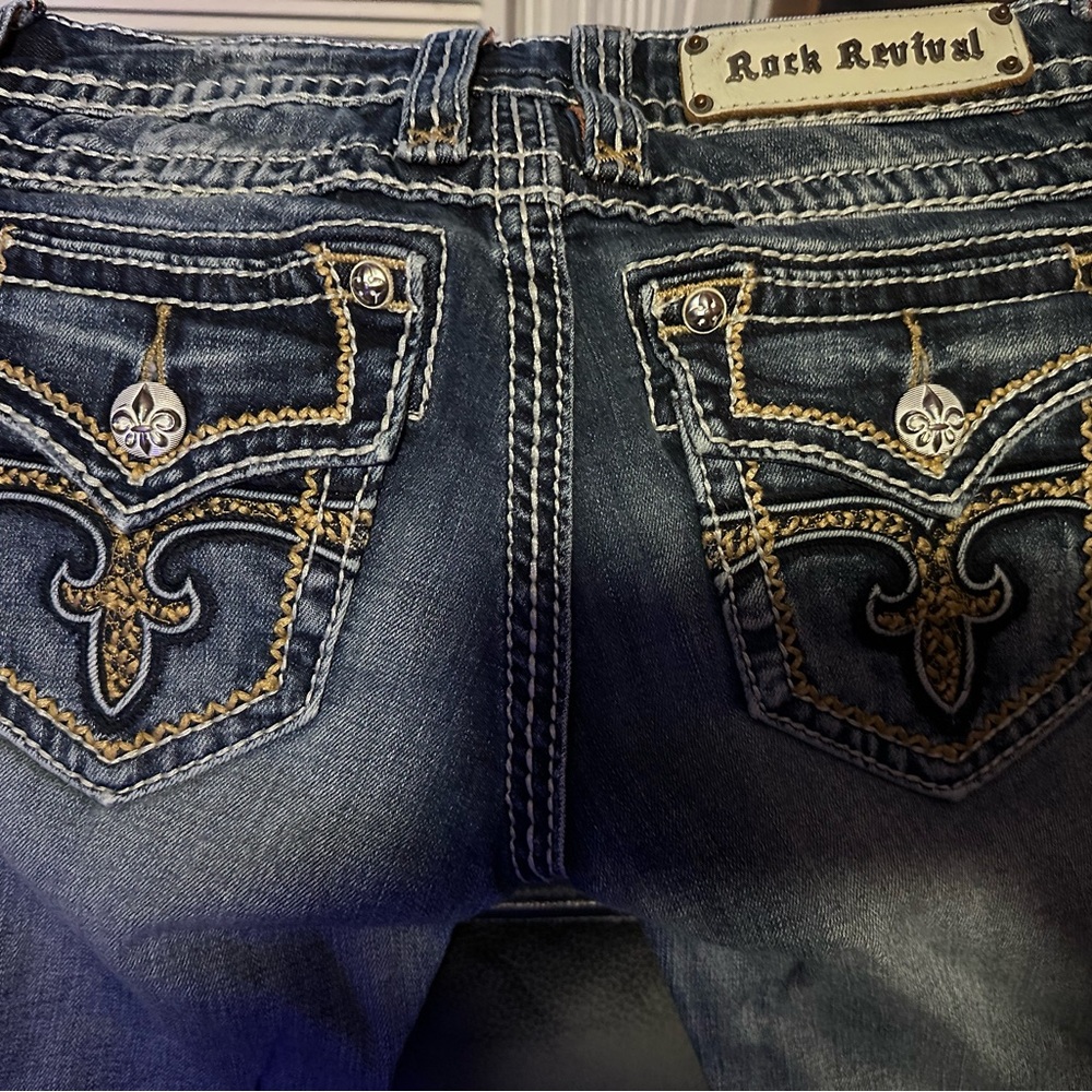 Rock Revival Dark Blue Jeans with Gold Stitching